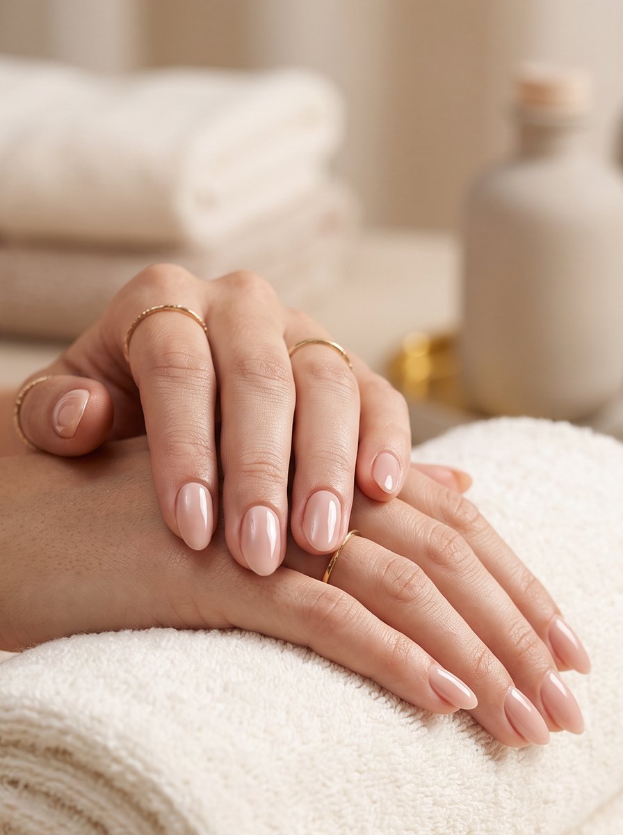 Hands with glossy nude pink manicured nails and delicate gold rings